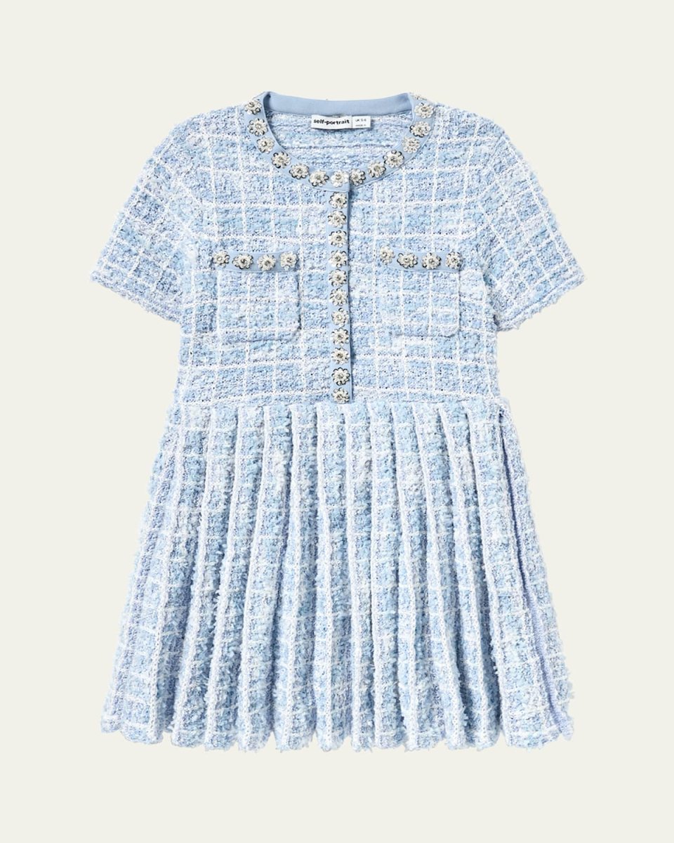 Girl's Check-Print Embellished Boucle Dress, Size 3T-12
